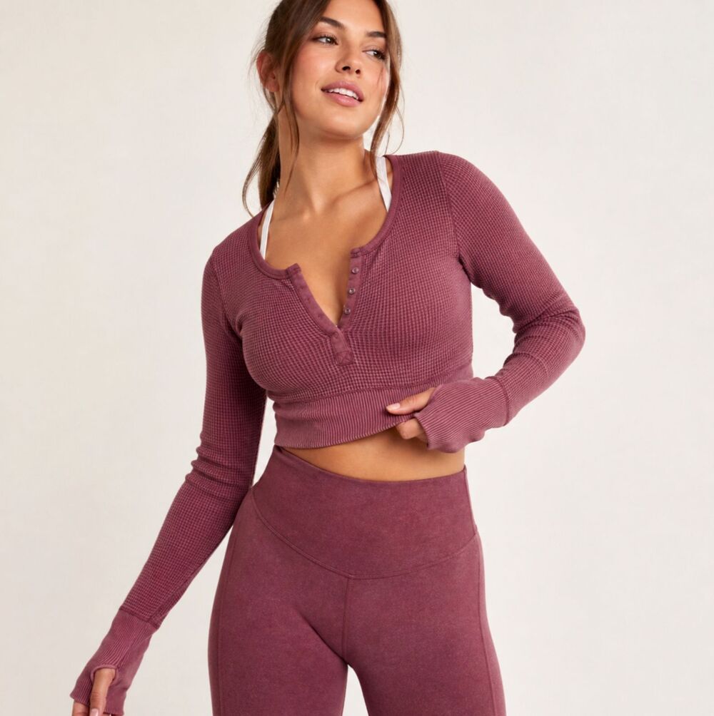 Aerie OFFLINE Main Squeeze Crop Top S Purple Seamless Waffle Henley NWT Lounge